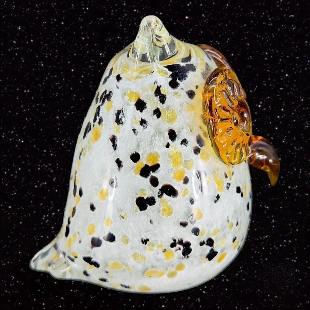 Hollow Owl Bird Art Glass Paperweight Figurine White With‎ Dots Amber Eyes Glass